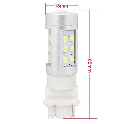 T25 White LED Car Brake Light Bulbs 2 Pack for Parking Lights - close-up of single 65mm T25 white LED bulb with multiple SMD chips and 18mm head