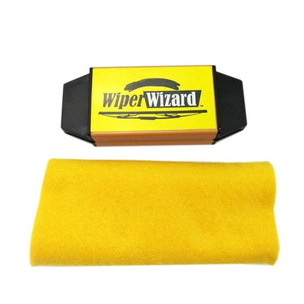 Wiper Wizard Windshield Wiper Blade Restorer for Clear Visibility compact wand and yellow cleaning cloth shown