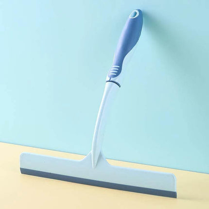 Alt Tag: KANEED 24.5 x 24cm Car Window Glass Wiper with Plastic Handle shown upright with anti-slip blue plastic handle and rubber blade