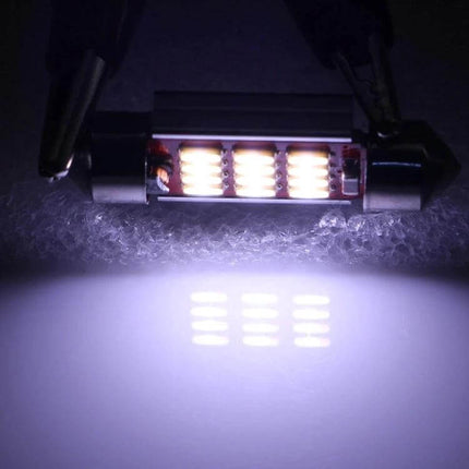License Plate Reading Lights 36mm For Cars Everyday Use - illuminated 36mm aluminum alloy LED pod showing bright white light and CAN bus compatible interior/dome lamp