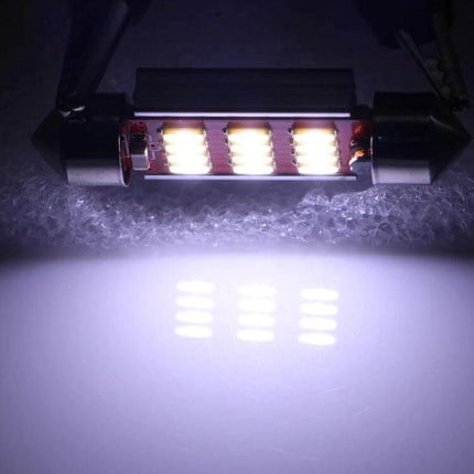 License Plate LED Lights For Cars 41mm Fit Easy To Install - illuminated 41mm aluminum LED license plate bulb showing bright white light and CAN bus compatible design