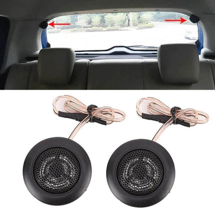 Two Pack Mini Dome Car Tweeters For Smooth Everyday Sound - compact dome tweeters shown installed on rear parcel shelf with wiring for 12V car audio upgrade