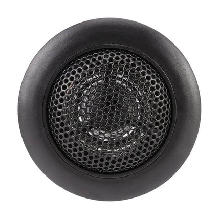 Two Pack Mini Dome Car Tweeters For Smooth Everyday Sound - top view of compact black dome tweeter with protective grille for car audio upgrade