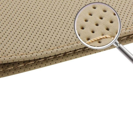 PU Leather Steering Wheel Cover With Needle And Thread 54x10.5cm beige perforated close-up showing stitching and included needle and thread for DIY installation