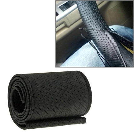PU Leather Steering Wheel Cover With Needle And Thread 54x10.5cm - black perforated PU leather cover with included needle and thread for DIY installation
