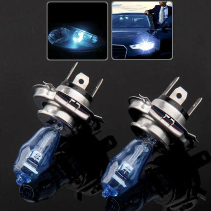 Halogen Car Headlight Bulb Direct Replacement Pair stainless holder 9005 12V halogen bulbs shown close-up and in vehicle headlights