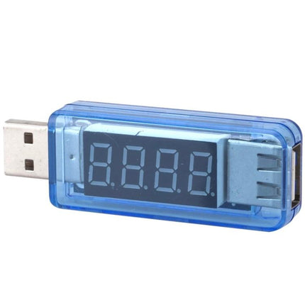 USB Voltage and Current Tester for Mobile Phones and Tablets showing digital display in blue USB inline meter
