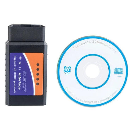 Essential Car Diagnostic Scanner for Routine Vehicle Checks showing OBD-II Wi-Fi plug adapter beside software disc
