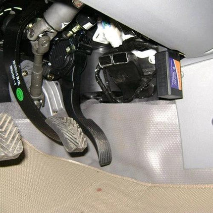 Essential Car Diagnostic Scanner for Routine Vehicle Checks plugged into OBD port under pedal to read check engine codes