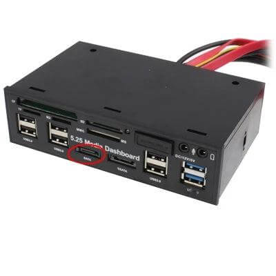 5.25 Inch PC Media Panel with USB Ports and Card Reader — front view showing USB 3.0, USB 2.0 ports, card reader and SATA power cable