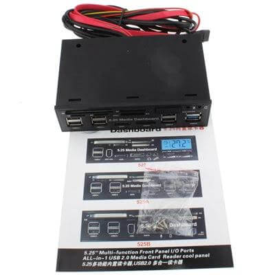 5.25 Inch PC Media Panel with USB Ports and Card Reader front view showing USB 3.0, USB 2.0 ports, card reader and wiring for desktop PC