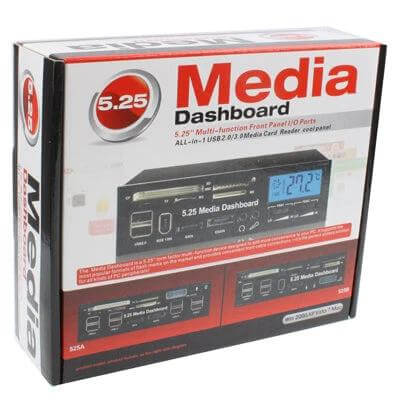 5.25 Inch PC Media Panel with USB Ports and Card Reader front box packaging showing ports, card reader and LCD display