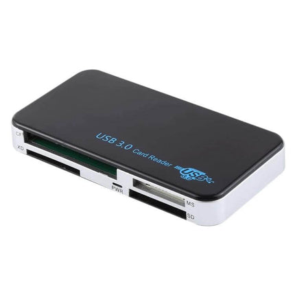 USB 3.0 Card Reader for Various Memory Cards and Devices, compact black multi-slot reader supporting SD, microSD, CF cards and 5Gbps transfer speeds