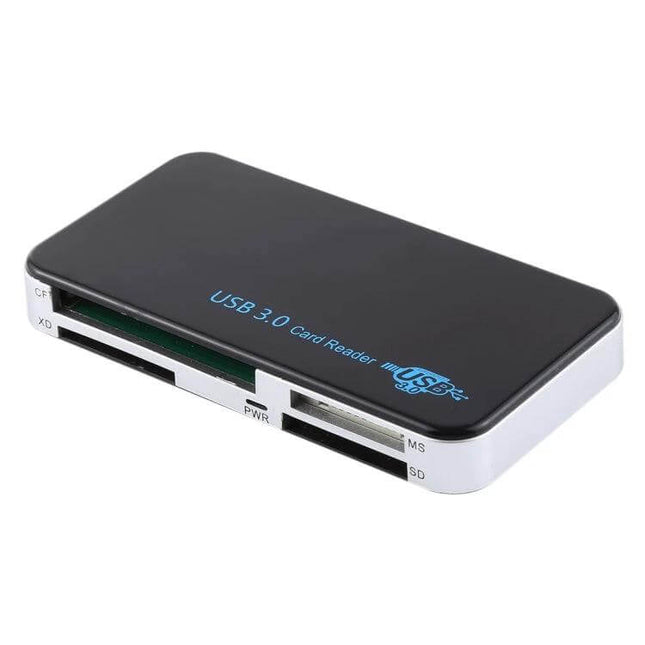 USB 3.0 Card Reader for Various Memory Cards and Devices, compact black multi-slot reader supporting SD, microSD, CF cards and 5Gbps transfer speeds