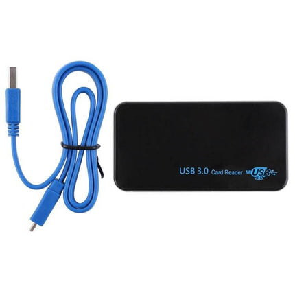 Black USB 3.0 Card Reader for Various Memory Cards and Devices with blue USB 3.0 cable, compact portable card reader for SD/microSD/CF