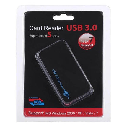 USB 3.0 Card Reader for Various Memory Cards and Devices – compact black USB 3.0 card reader in retail packaging for SD, microSD and other cards