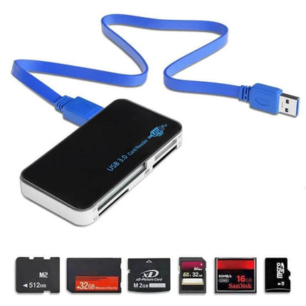 USB 3.0 Card Reader for Various Memory Cards and Devices compact black reader with blue USB cable and multiple memory cards
