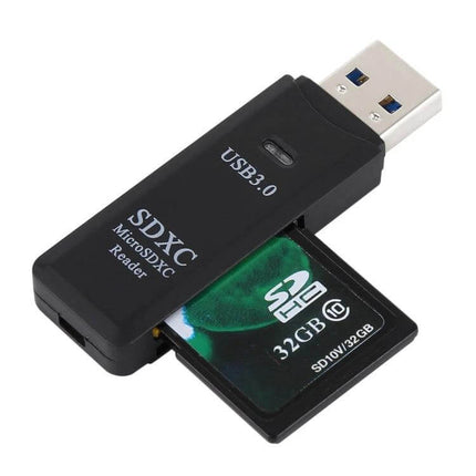Dual Slot USB 3.0 Card Reader for SD and Micro SD Cards - black USB 3.0 SDXC reader with inserted 32GB SD card