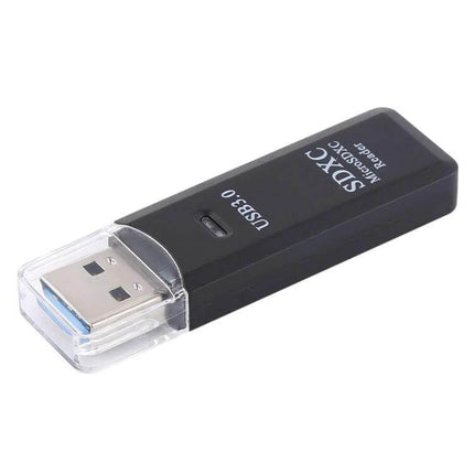 Dual Slot USB 3.0 Card Reader for SD and Micro SD Cards - black USB 3.0 SD and Micro SD card reader showing dual slots and protective cap