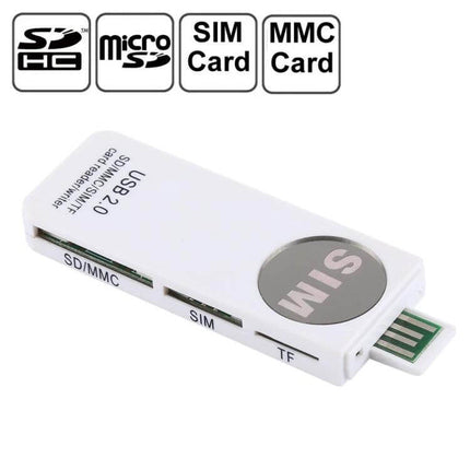 Universal Card Reader for SD, MMC, SIM, and TF Cards USB 2.0 white multi-slot adapter for SD/microSD/SIM/MMC card data transfer