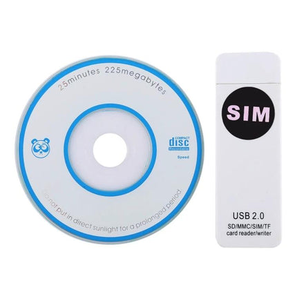 Universal Card Reader for SD, MMC, SIM, and TF Cards - white USB 2.0 multi-card reader next to a mini disc for photo and SIM transfers