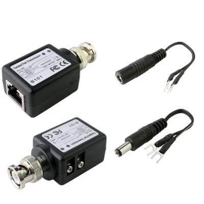 Passive Twisted Pair Video Transceiver for CCTV Surveillance passive balun pair with BNC and DC power connectors for CCTV camera video extension