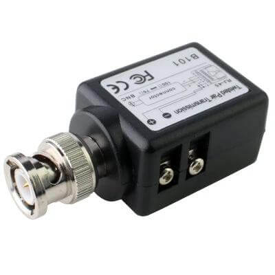 Passive Twisted Pair Video Transceiver for CCTV Surveillance - BNC-to-twisted-pair passive video balun showing terminals and label