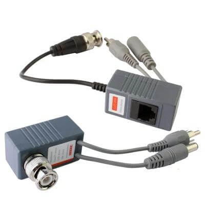 CCTV Balun Transceiver Cable for Video and Power Transmission showing pair of gray balun transceivers with BNC, RCA and RJ45 connectors