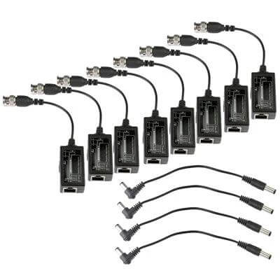 Passive BNC Video Balun Transceiver for CCTV Systems - set of passive BNC-to-twisted-pair transceivers and power pigtails for CCTV installations