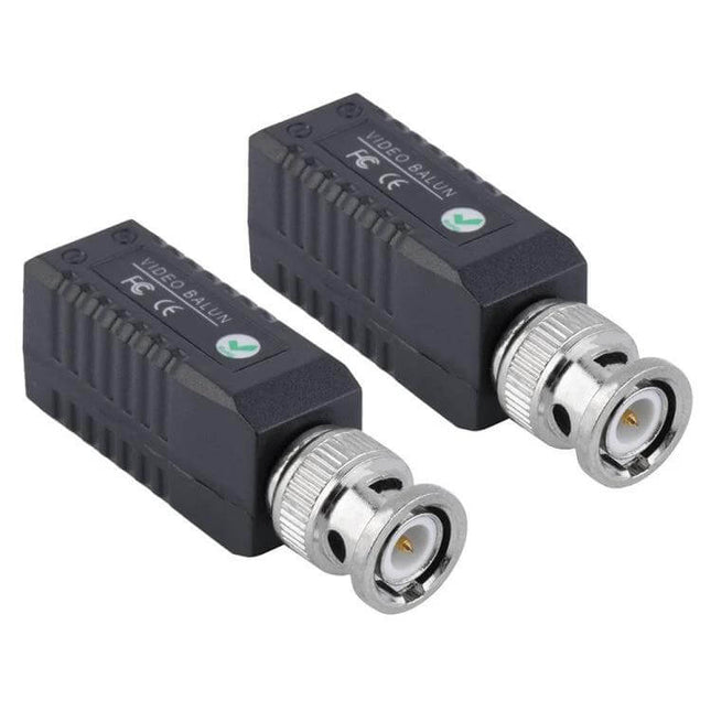 Set of 2 Passive CCTV Video Baluns for Twisted Pair Transmission - pair of black BNC video baluns for CCTV signal extension over twisted pair