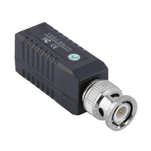 Set of 2 Passive CCTV Video Baluns for Twisted Pair Transmission black BNC video balun showing connector and ribbed housing