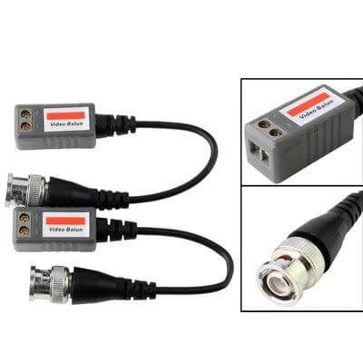Pack of 2 Single Channel Passive Video Transceivers for CCTV showing two BNC-to-UTP CAT5 video baluns with connectors