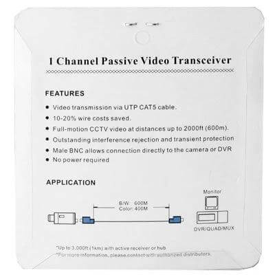Pack of 2 Single Channel Passive Video Transceivers for CCTV showing features and application diagram on product label