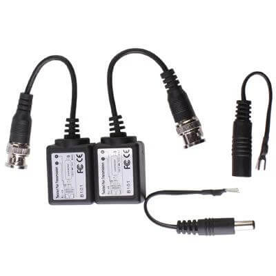 Passive Balun Set for Twisted Pair CCTV Transmission - pair of passive baluns with BNC and DC connectors for reduced interference and clearer CCTV video