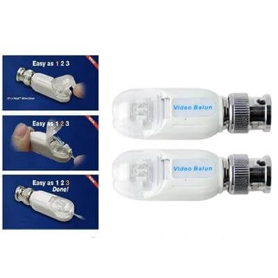 Passive Video Balun for CCTV Signal Extension via CAT5 Cable - clear white pair with BNC connectors for extending CCTV over CAT5