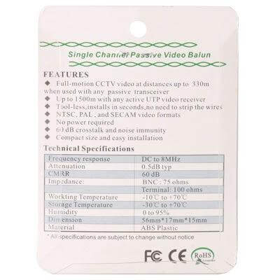 Passive Video Balun for CCTV Signal Extension via CAT5 Cable - single channel balun for extending CCTV over CAT5, indoor/outdoor camera to DVR