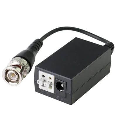 Active UTP Video Receiver for Secure Video Transmission compact black inline unit with BNC and power connectors for surveillance over CAT cable