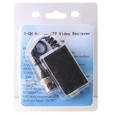 Active UTP Video Receiver for Secure Video Transmission in retail packaging, compact unit for reliable long-distance CCTV over UTP CAT cable