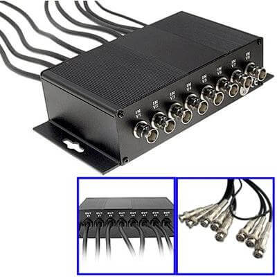 8 Channel CCTV Surge Protector for Coaxial Monitoring Systems - black 8-channel metal surge protector with BNC coax connectors and attached cables