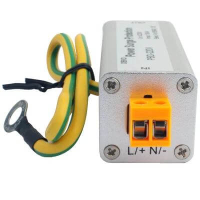 Power Surge Arrester for Household Electrical Protection white metal unit with yellow-green grounding cable and AC220V terminal