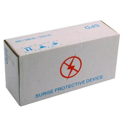Power Surge Arrester for Household Electrical Protection white retail box with red lightning logo and blue text