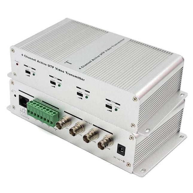 Active UTP Video Transmitter for 4-Channel CCTV Monitoring silver metal transmitter unit with BNC and terminal connectors