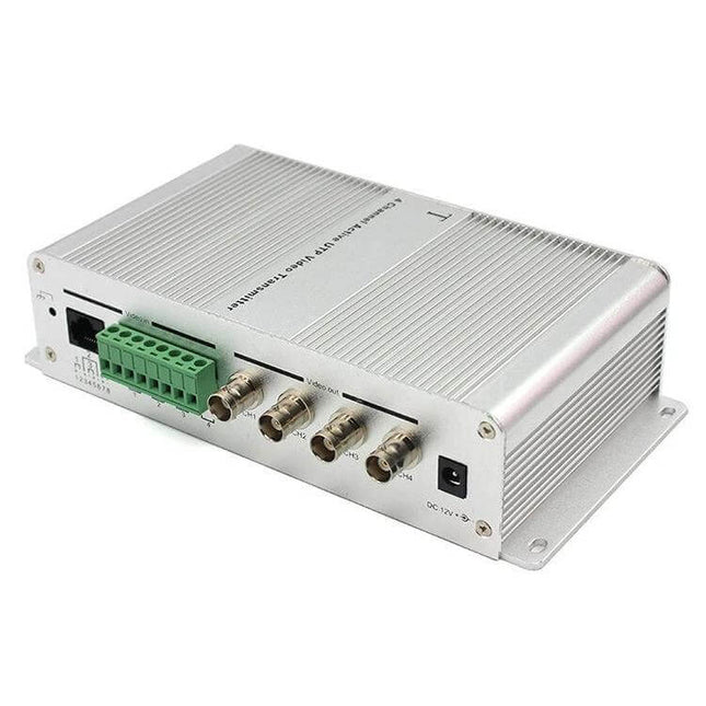 Active UTP Video Transmitter for 4-Channel CCTV Monitoring - silver 4-BNC port UTP transmitter for long-distance Cat-5 CCTV signal extension