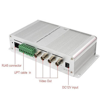 Active UTP Video Transmitter for 4-Channel CCTV Monitoring silver metal unit with RJ45, UTP input, four BNC video outputs and DC12V input