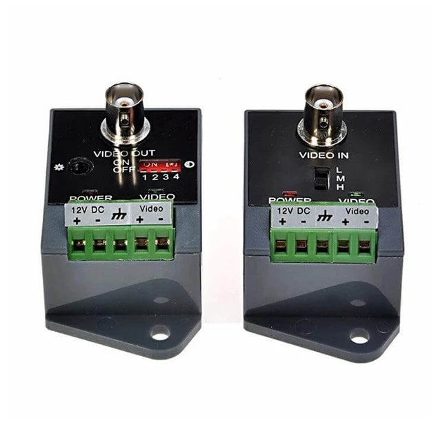 CCTV Twisted Pair Video Balun for Signal Transmission shown as two black BNC video balun units with green terminal blocks and three-position gain switch