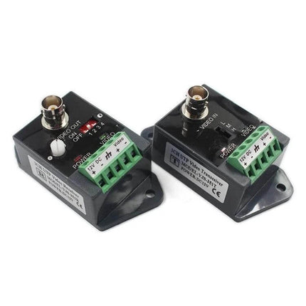 CCTV Twisted Pair Video Balun for Signal Transmission - pair of black baluns with BNC and terminal block, three-position gain control, DC power