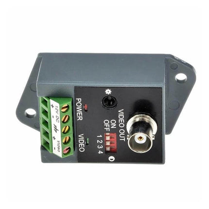 CCTV Twisted Pair Video Balun for Signal Transmission – compact balun with BNC video out, green terminal block and three-position gain switch