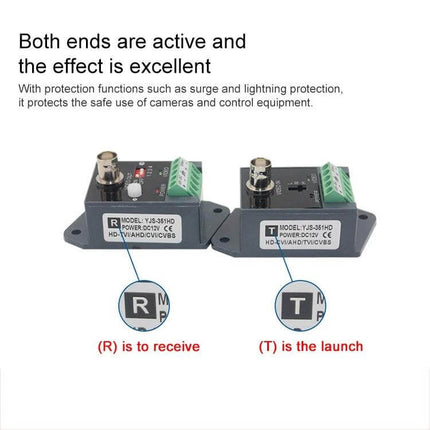 CCTV Twisted Pair Video Balun for Signal Transmission – paired R and T units with surge protection and three-position gain for clear long-distance video