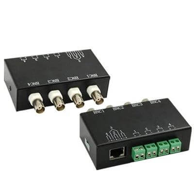 Passive 4-Channel Video Balun for BNC to UTP Transmission compact black 4-channel passive balun with BNC and RJ45 UTP connectors