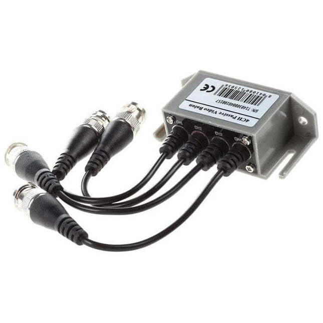 4-Channel Video Balun for Transmitting BNC Signals over UTP Cable compact unit showing four BNC connectors and UTP wiring for CCTV installations